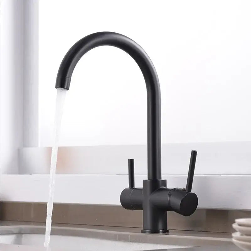 Black matte stainless steel dual handle kitchen faucet with curved spout and 360 rotation high-pressure pull-out sprayer