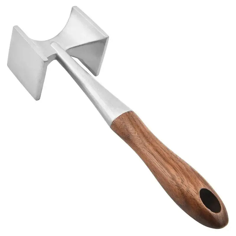 Silver stainless steel meat tenderizer with wooden handle and hanging hole for efficient kitchen use