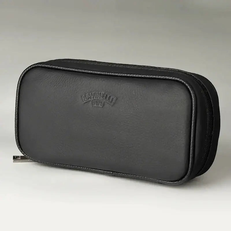 Black leather savinelli 1923 tobacco case with embossed logo and stitched edges for cowhide leather pipe storage