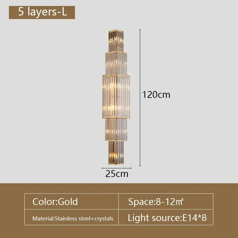 Tiered gold crystal wall lamp with five stacked clear crystal tiers and stainless steel frame for living room decorbites crystal wall