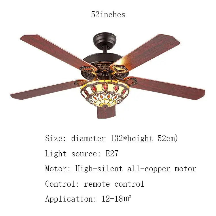 52-inch tiffany ceiling fan with dark wood blades and ornate stained glass ceiling fan light for living room use