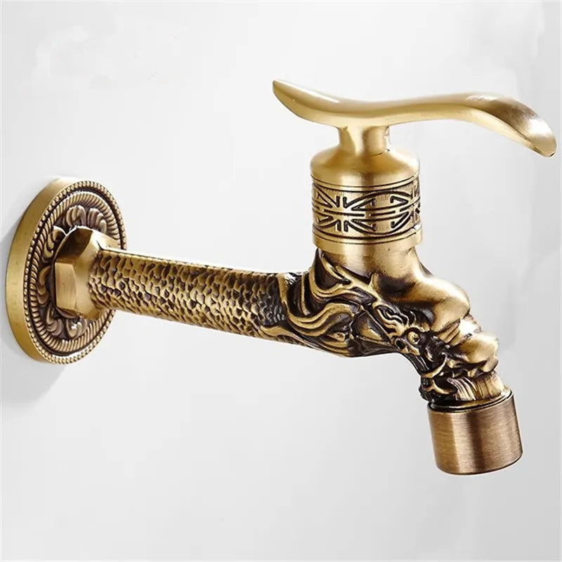 Tuqiu antique brass washing machine faucet with intricate dragon head design and ornate textured detailing for outdoor use