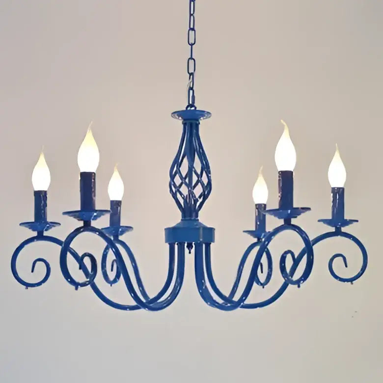 Vintage blue metal crystal chandelier with six candle-style lights for dining room decorbites blue metal pendant light