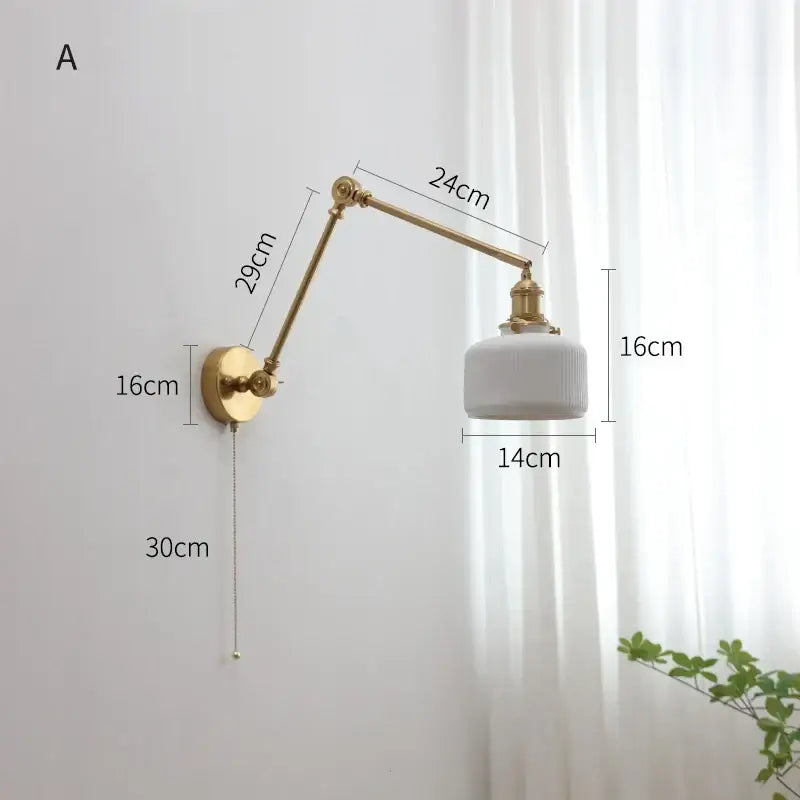 Gold-finished adjustable wall sconce with white ribbed glass shade vintage brass led wall sconce for bedroom decorbites led wall