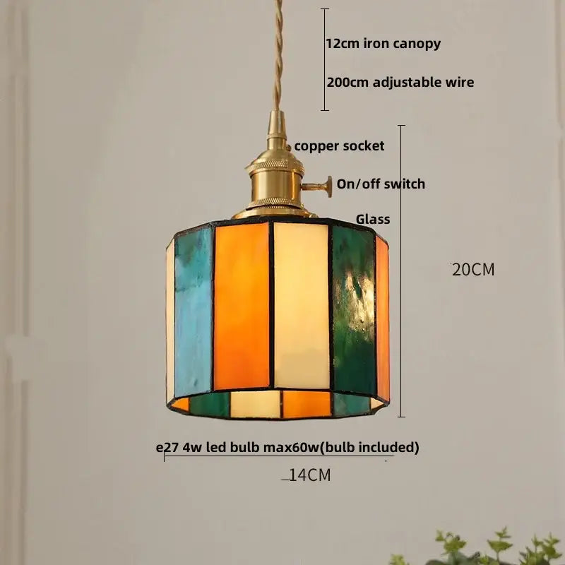 Vintage brass led pendant light featuring a colorful hexagonal amber glass shade with brass led pendant and adjustable wire suspension