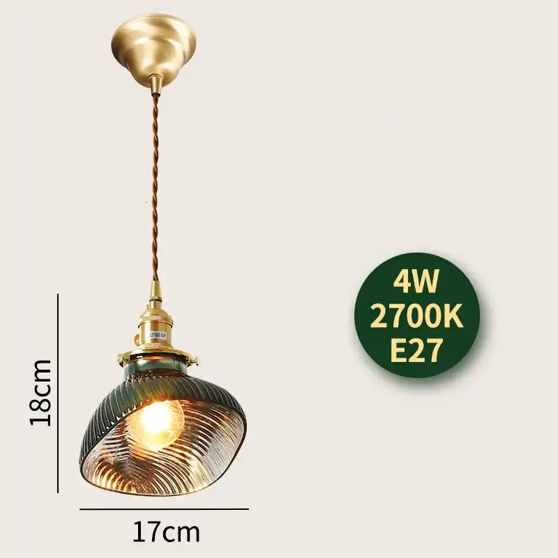 Vintage brass pendant light with ribbed green glass shade and twisted copper cord decorbites glass lamp fixture