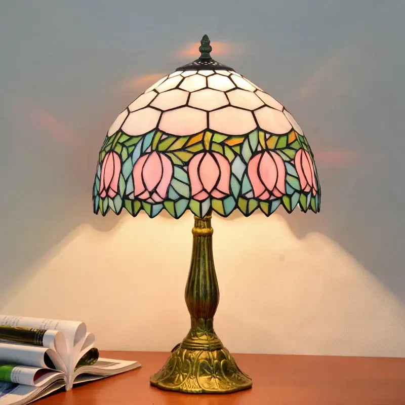 Vintage dragonfly tiffany stained glass table lamp with pink lotus stained glass shade and ornate brass base for bedroom desk light