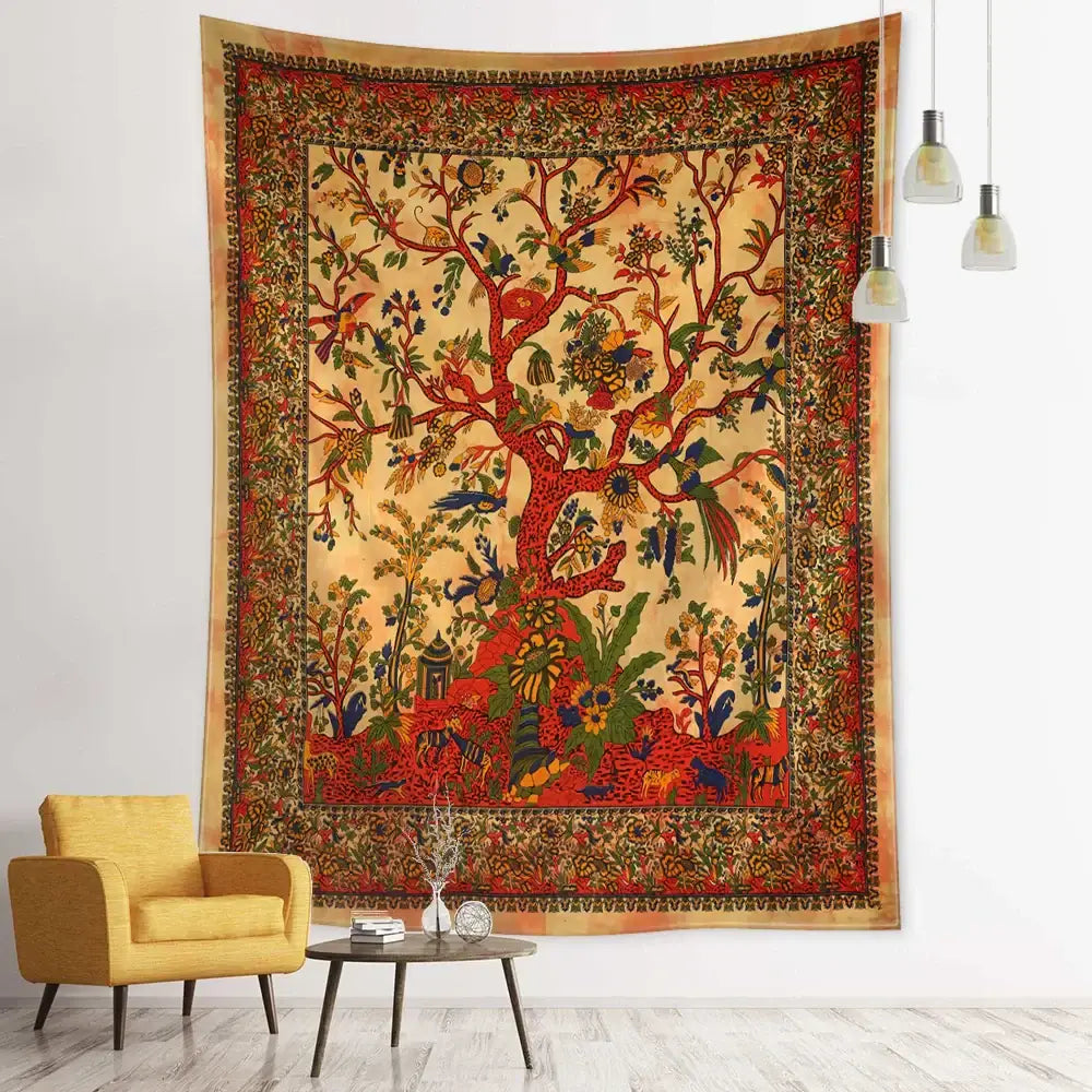 Vintage earthy flying bird tree tapestry in vibrant red and gold featuring animals and floral motifs for bedroom wall hanging