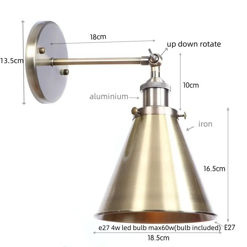 Industrial-style decorbites iron led wall sconce with brushed brass finish adjustable arm and iron conical shade for reading