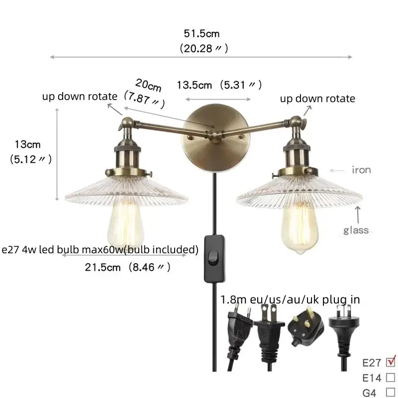Vintage loft brass wall lamp with two adjustable arms and clear ribbed glass shades for industrial vintage decorbites use