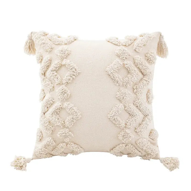 Cream-colored wabi-sabi beige tufted cushion cover with textured diamond tassels and fringe accents for living room decor