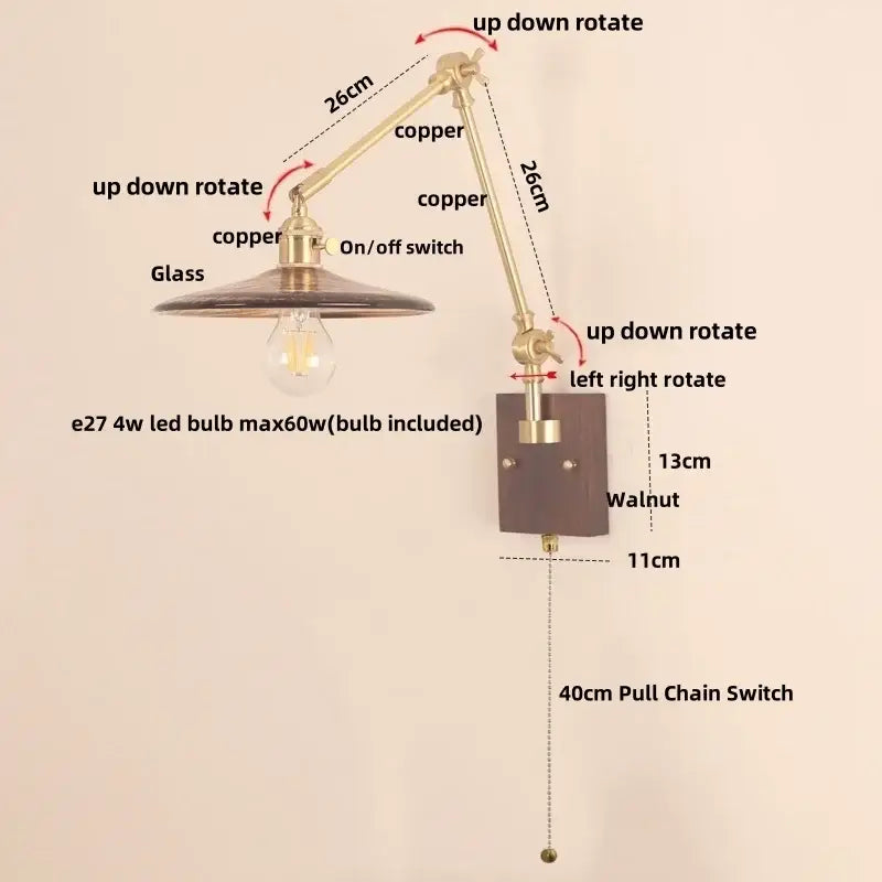 Adjustable copper arm wall sconce with glass shade and walnut base for decorbites cube glass led bedroom light
