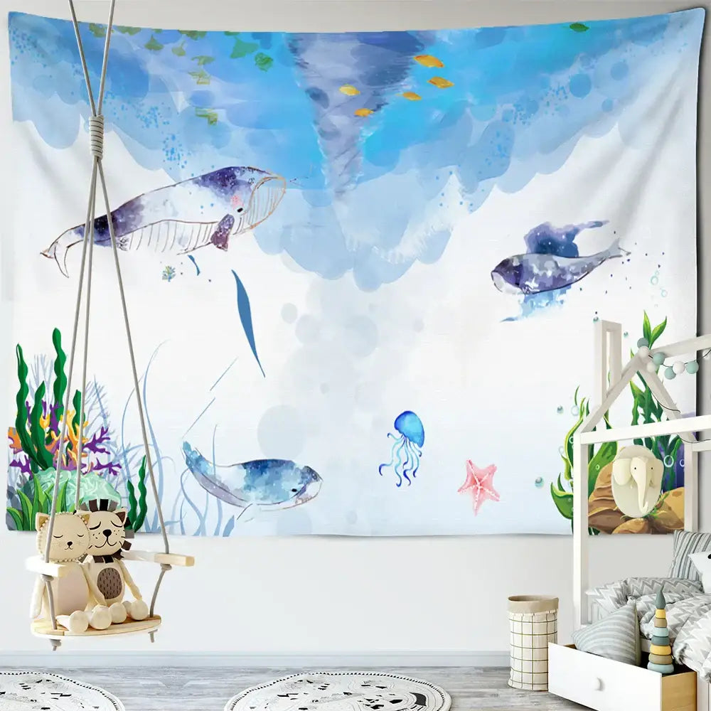 Whimsical teal and white dream whale tapestry wall hanging decorbites dream whale ocean-themed kids room decor