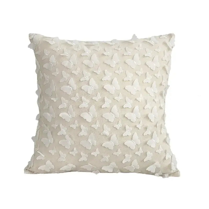 Beige cushion cover with dense 3d white plum blossom butterfly appliqués for living room decorbites decor