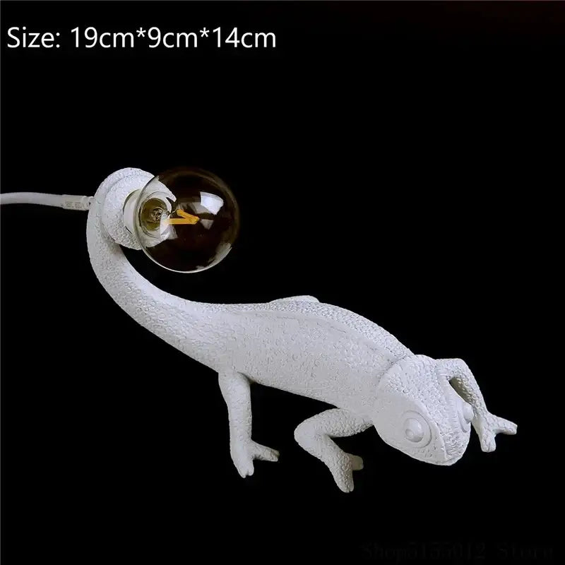 White resin chameleon night light with textured sculpted body and exposed bulb tail for bedroom reading decorbites chameleon