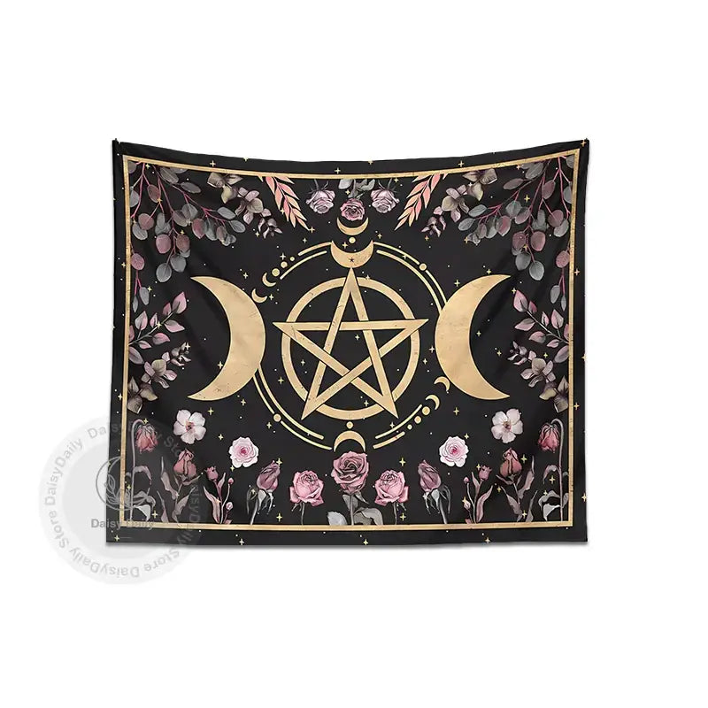 Black tapestry decorbites botanical floral moon featuring gold pentagram crescent moons and pink roses for living room decor