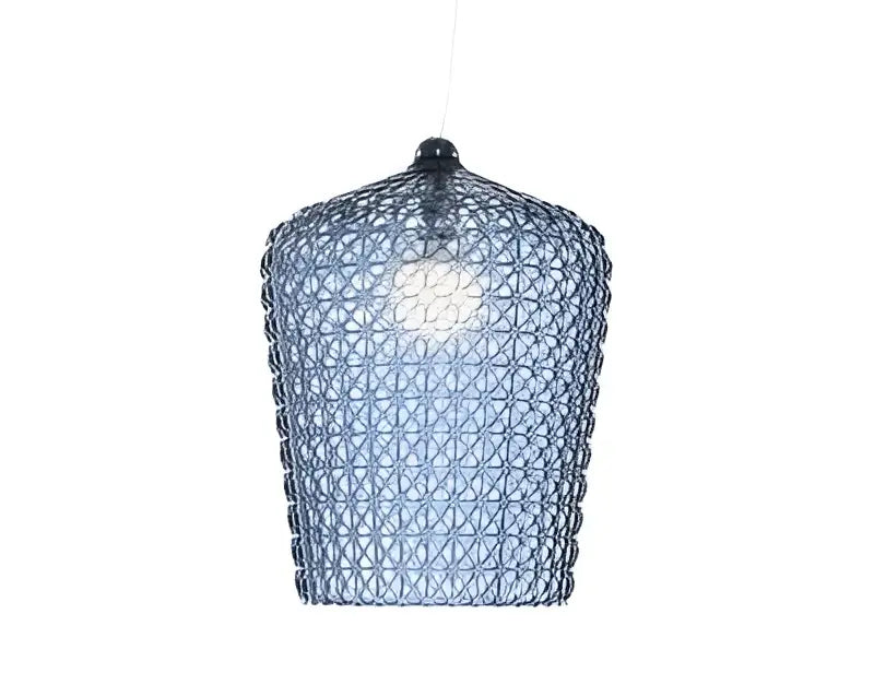 Blue woven pendant light with geometric mesh design complementing decorbites acrylic kabuki floor lamp for living room decor