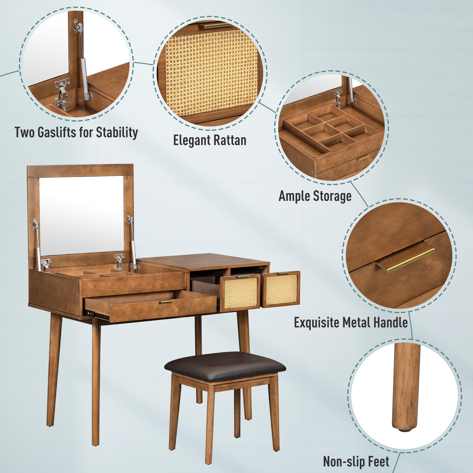 Wood Makeup Vanity Set Flip-top Mirror Dressing Table