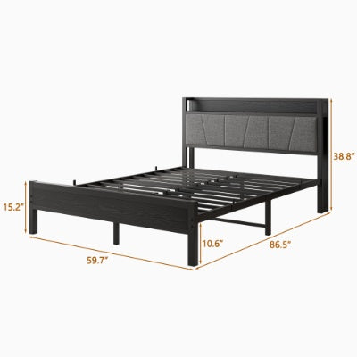 Queen Size Bed Frame, Storage Headboard With Charging Station, Solid And Stable, No Box Spring Needed, Easy Assembly