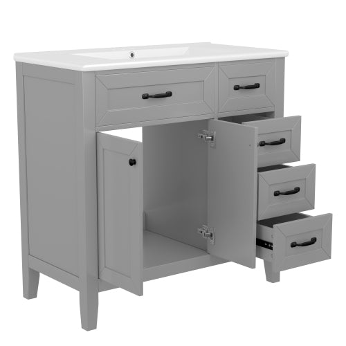 36  Bathroom Vanity With Sink Combo, Gray Bathroom Cabinet With Drawers, Solid Frame And MDF Board
