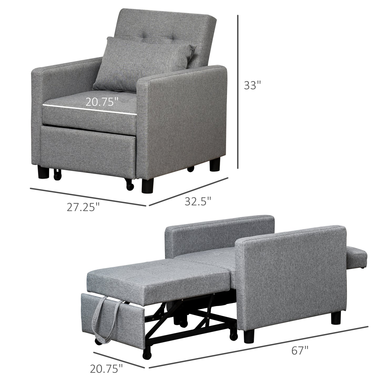 Convertible Sofa Lounger Chair Bed Multi-Functional Sleeper Recliner with Tufted Upholstered Adjustable Angle Backrest
