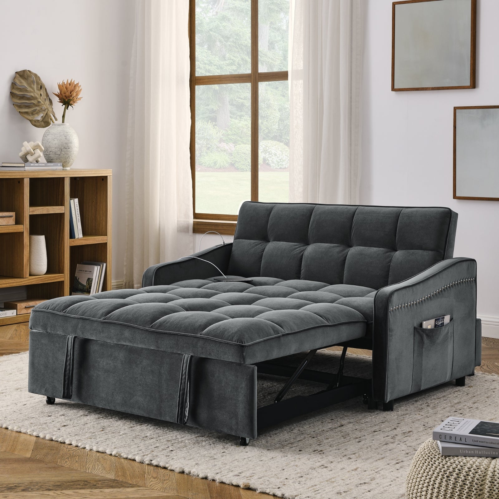 Grey Velvet Sofa Bed Pull-Out Adjustable Back