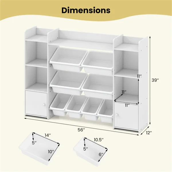 White Multi-Functional Kids Storage Shelf - Toy Organizer+Bookcase, 56"x12"x39", Anti-Toppling, 265lbs Capacity
