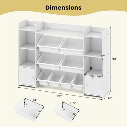 White Multi-Functional Kids Storage Shelf - Toy Organizer+Bookcase, 56"x12"x39", Anti-Toppling, 265lbs Capacity