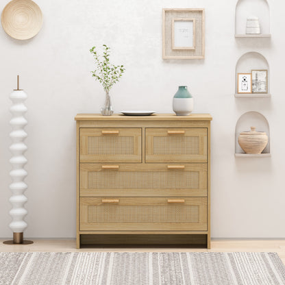 4 Drawers Rattan Cabinet For Bedroom, Living Room, Easy Assembly