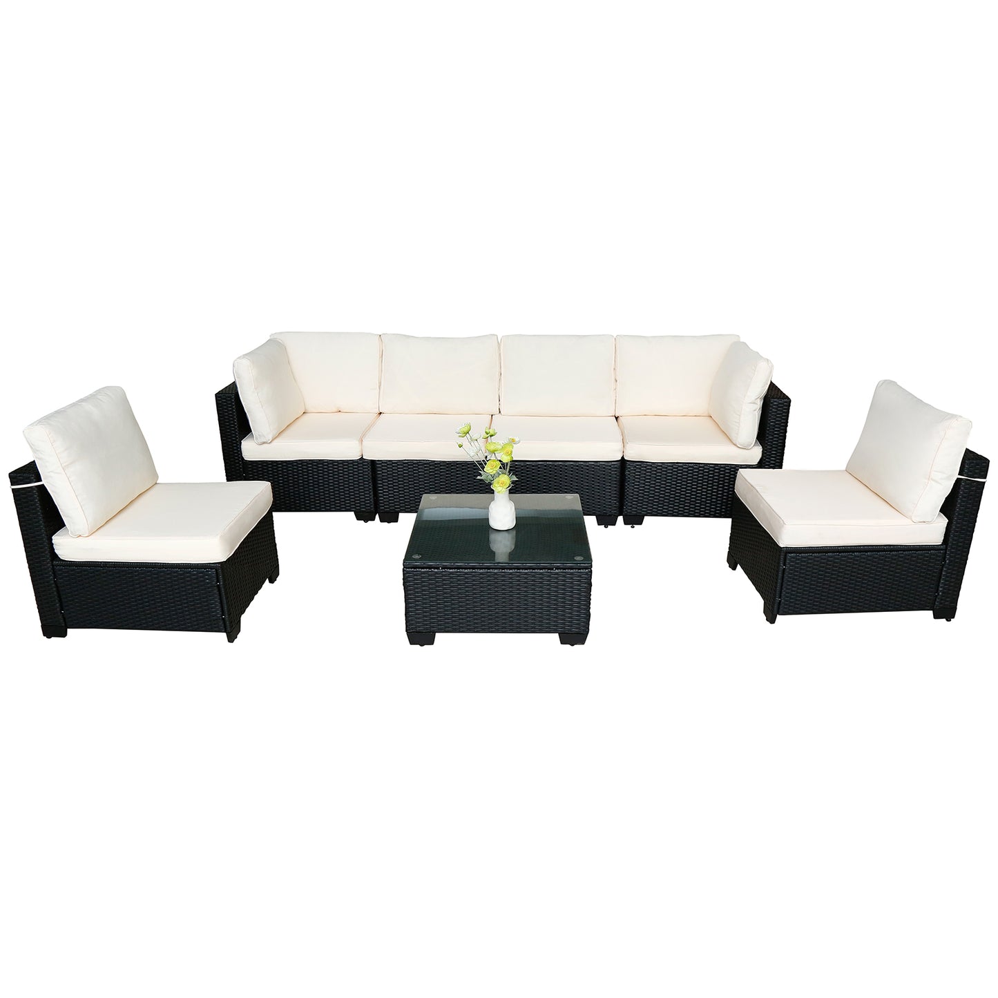 Hot Selling Seven-Piece Sofa Set Table With Sofa Chair Black PE Rattan Outdoor New Design Furniture 7-JH002 Box 3-1-2-3 With White Color Cushion