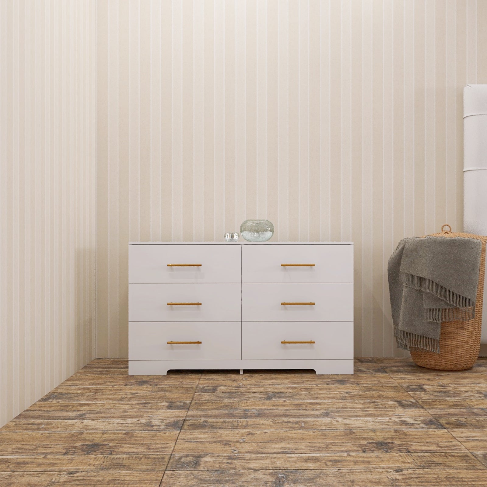 White Color Large 6 Drawers Chest Of Drawer Dressers Table With Golden Handle