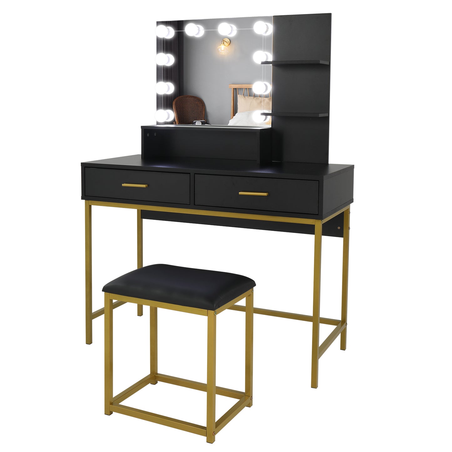 Black, Particleboard, Steel Frame, Two-drawer, Three-tier Shelf, Dressing Table Set, Three-tone Light, Light Luxury