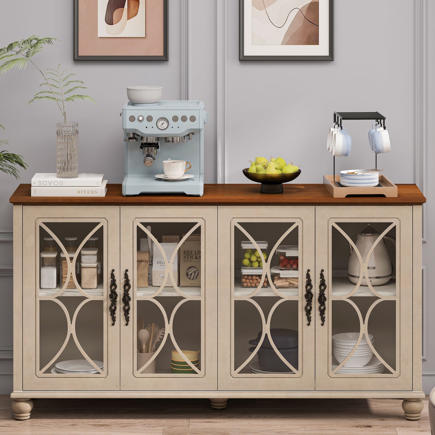 Beige Antique Glass Cabinet