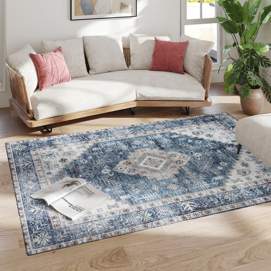 5x7 Area Rug, Vintage Washable Rug, Non-Slip Floor Carpet For Living Room, Bedroom, Dining Room, Blue