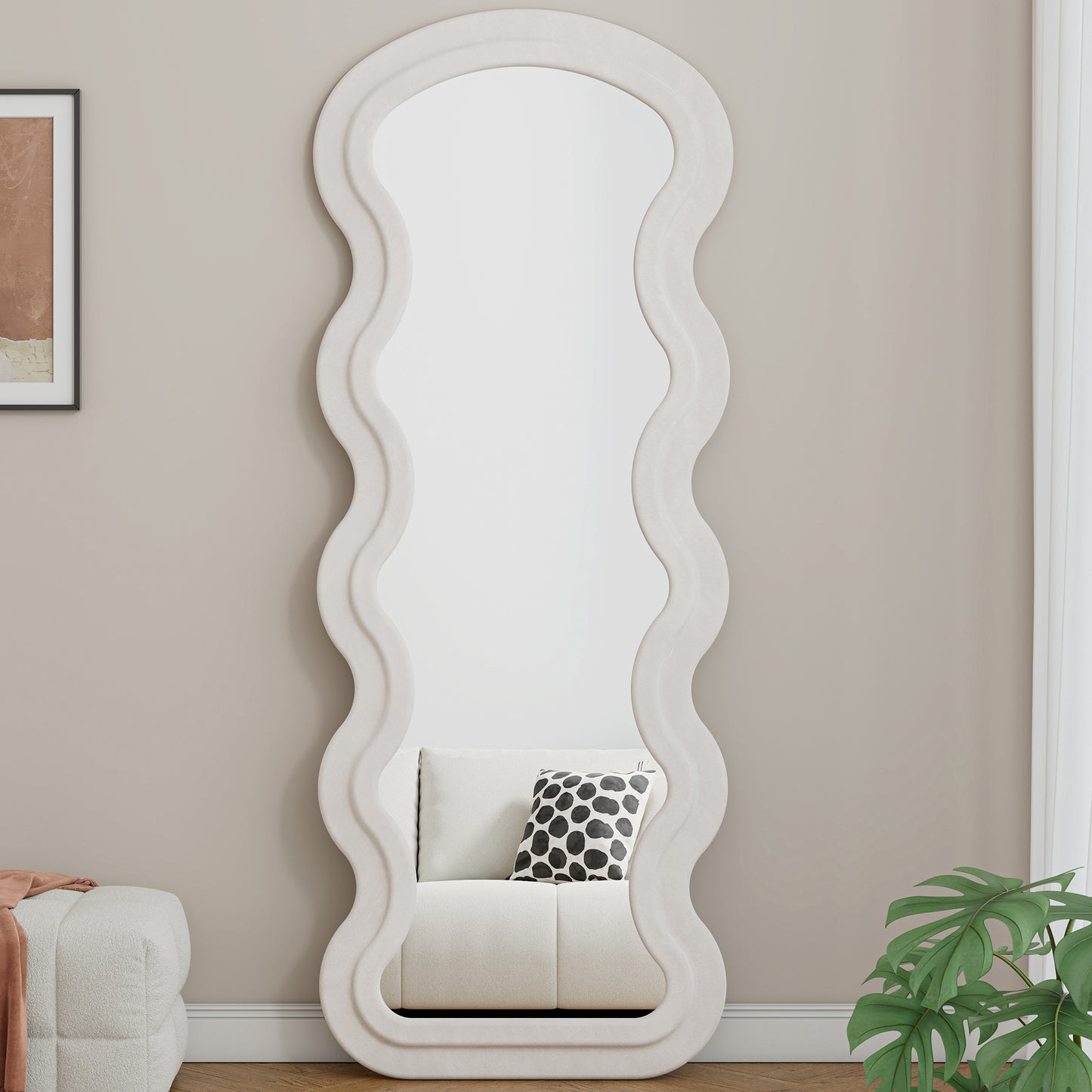 Flannel Full Length Wave White Floor Mirror With Stand For Bedroom Living Room Hanging Or Against The Wall