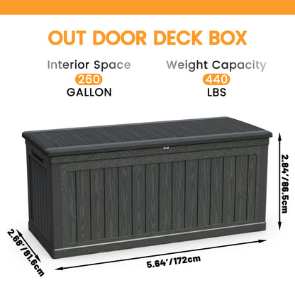 260 Gallon Large Outdoor Storage XXL Deck Box For Patio Furniture, Outdoor Cushions, Garden Tools And Sports Pools Equipment, Waterproof Resin, Lockable, Black