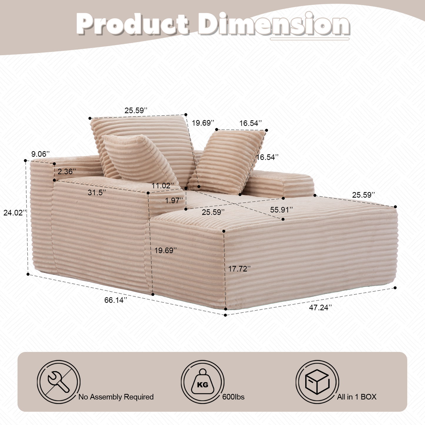 Oversized Chaise Lounge Chair Cozy Cloud Couch, Modern Plush Corduroy Upholstered Sleeper Sofa Daybed With 3 Throw Pillows And Wide Armrest For Living Room, No Assembly Required,Beige