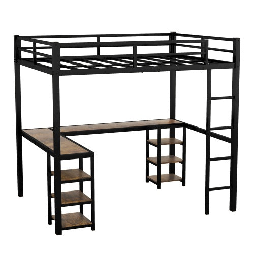 Black Metal Loft Bed With Desk And Shelves