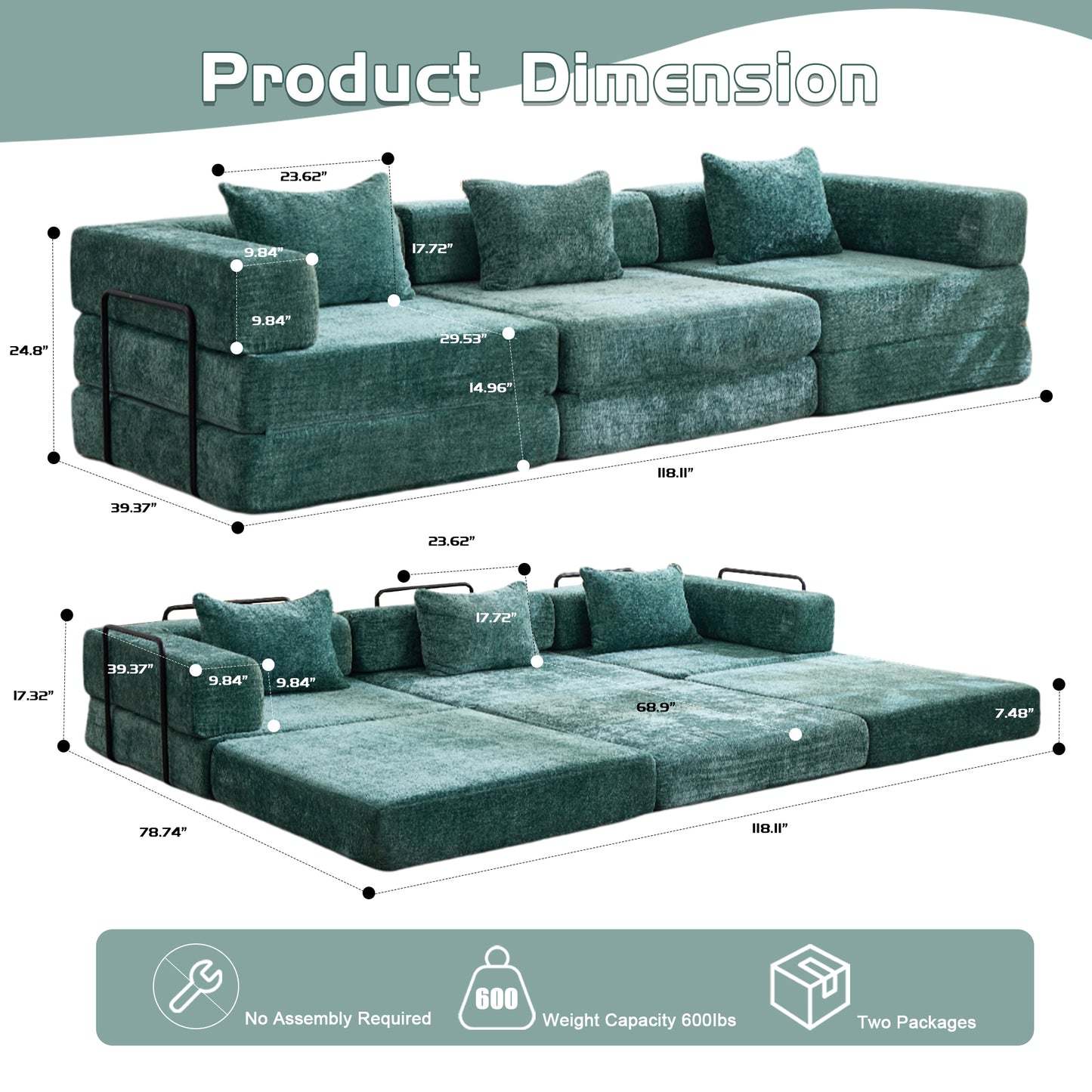 Compression Sofa,Convertible Floor Sofa Bed With Fixed-Shape Frame, Boneless Modular Sectional Sofa,No Assembly Required,Chenille Fabric,for Living Room Bedroom,Dark Green