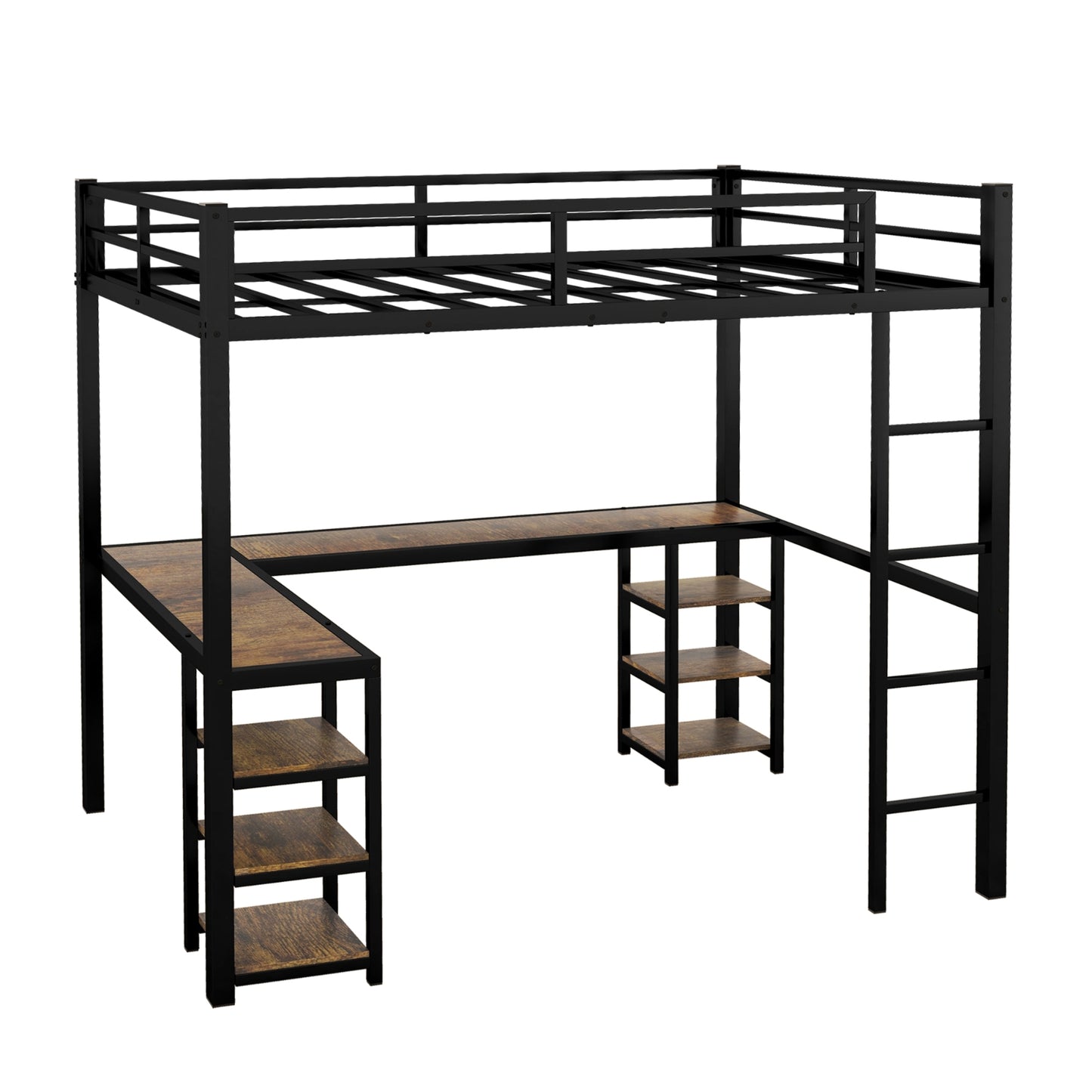 Full Metal Loft Bed With Desk And Shelves, Loft Bed With Ladder And Guardrails, Loft Bed Frame For B