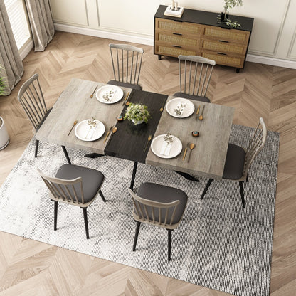 55.11-70.86 Retro Rectangular Stretch Dining Table, Grey Carole Top With Black Embossed Center Pl