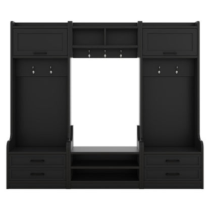 4-in-1 Detachable Hall Tree With Storage And 7 Hooks, Multiple Functions Hallway Coat Rack With Storage Drawers And Cabinet, Black Shoe Bench For Entryway Hallway