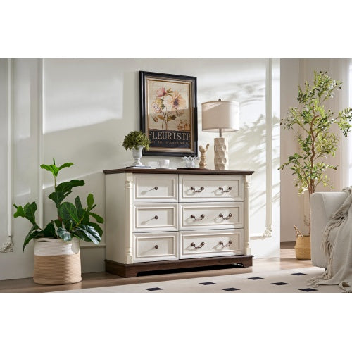 Farmhouse Style 6 Drawer Dresser Chest With Base Wooden Rustic Chest Of Drawers, Storage Dresser Organizer For Bedroom, Living Room, Beautiful Sturdy And Durable