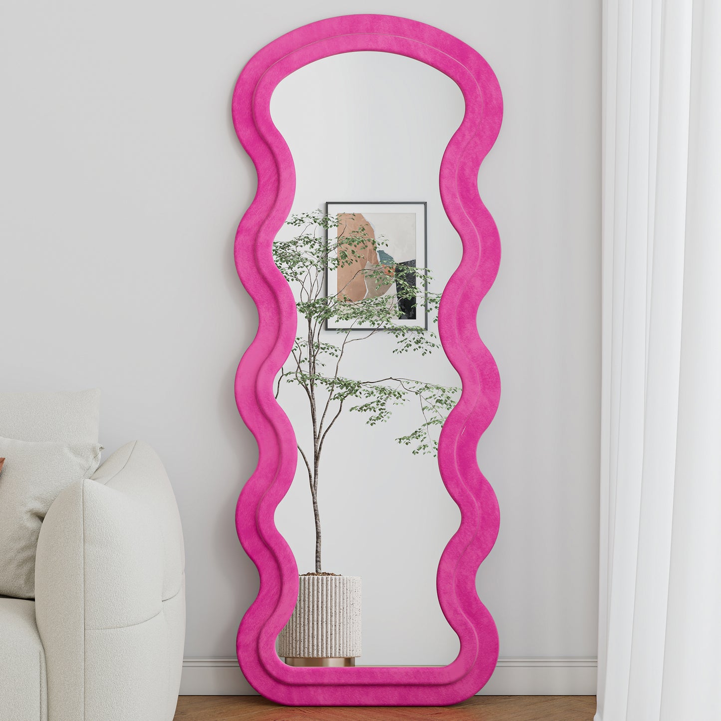 Flannel Full Length Wave Rose Floor Mirror With Stand For Bedroom Living Room Hanging Or Against The Wall