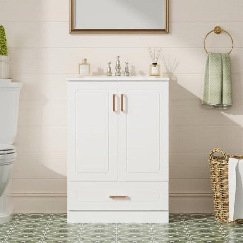 The Bathroom Dressing Table Is Equipped With A Sink, And The Bathroom Storage Dressing Table Has A Door And Drawers