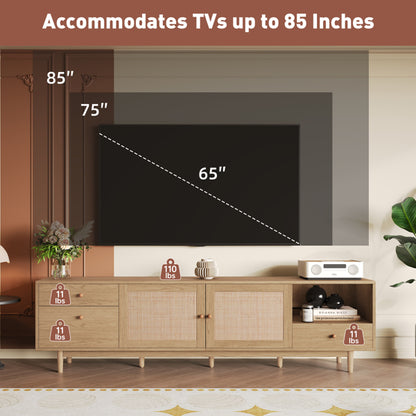 Boho TV Stand For 65, 75, 85 Inch TV, Entertainment Center With Open Storage And Drawers, Modern Wood Media TV Console With Real Rattan
