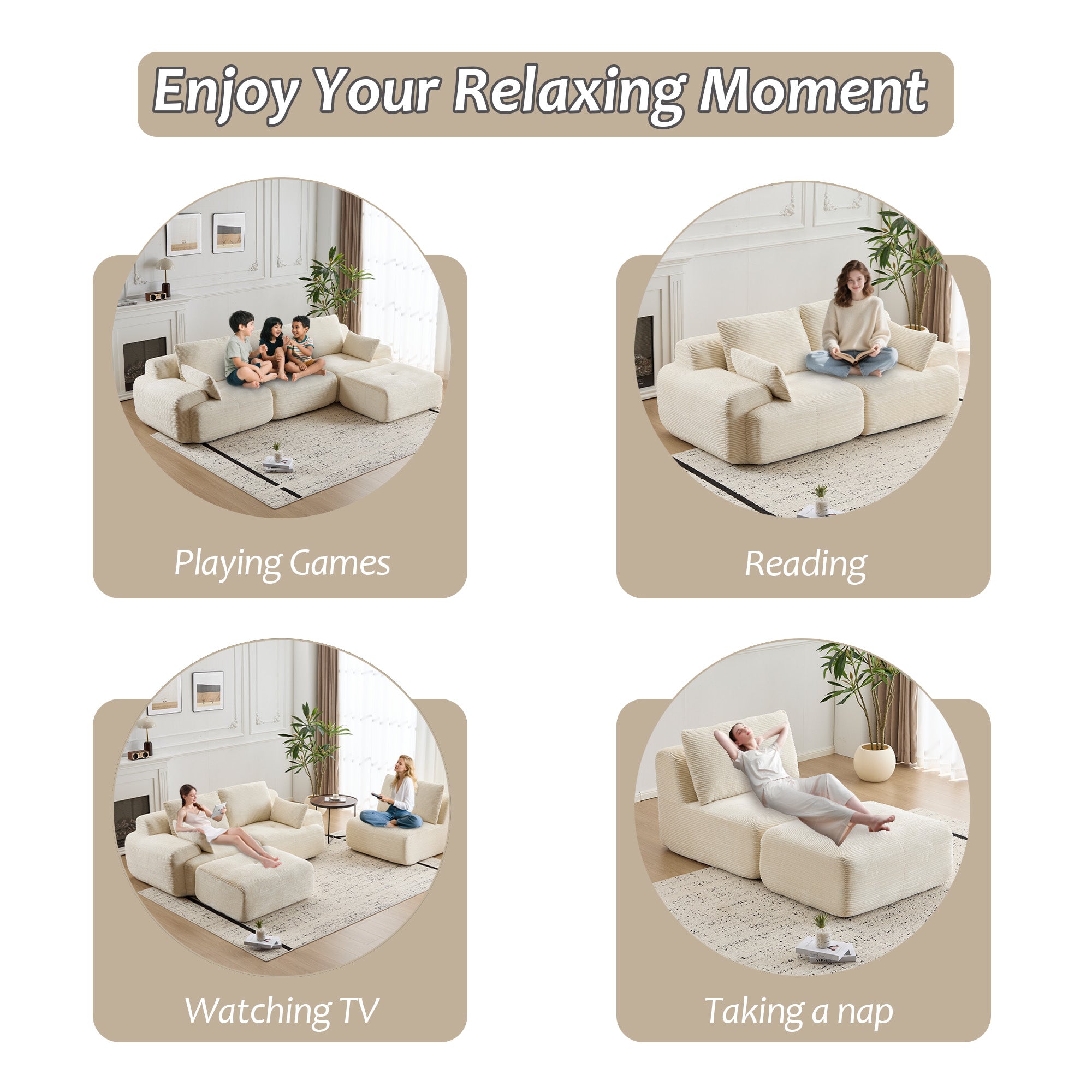 Beige Corduroy Sectional Sofa Memory Foam