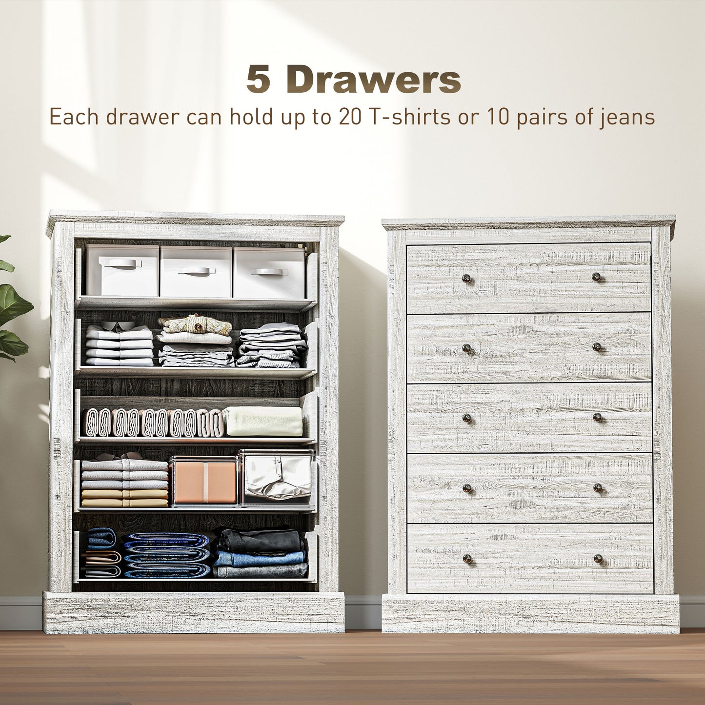 31 Wide Farmhouse Chest Of Drawers With 5 Drawers, Dresser For Bedroom With Wood Top For Living Room, Dirty Oak