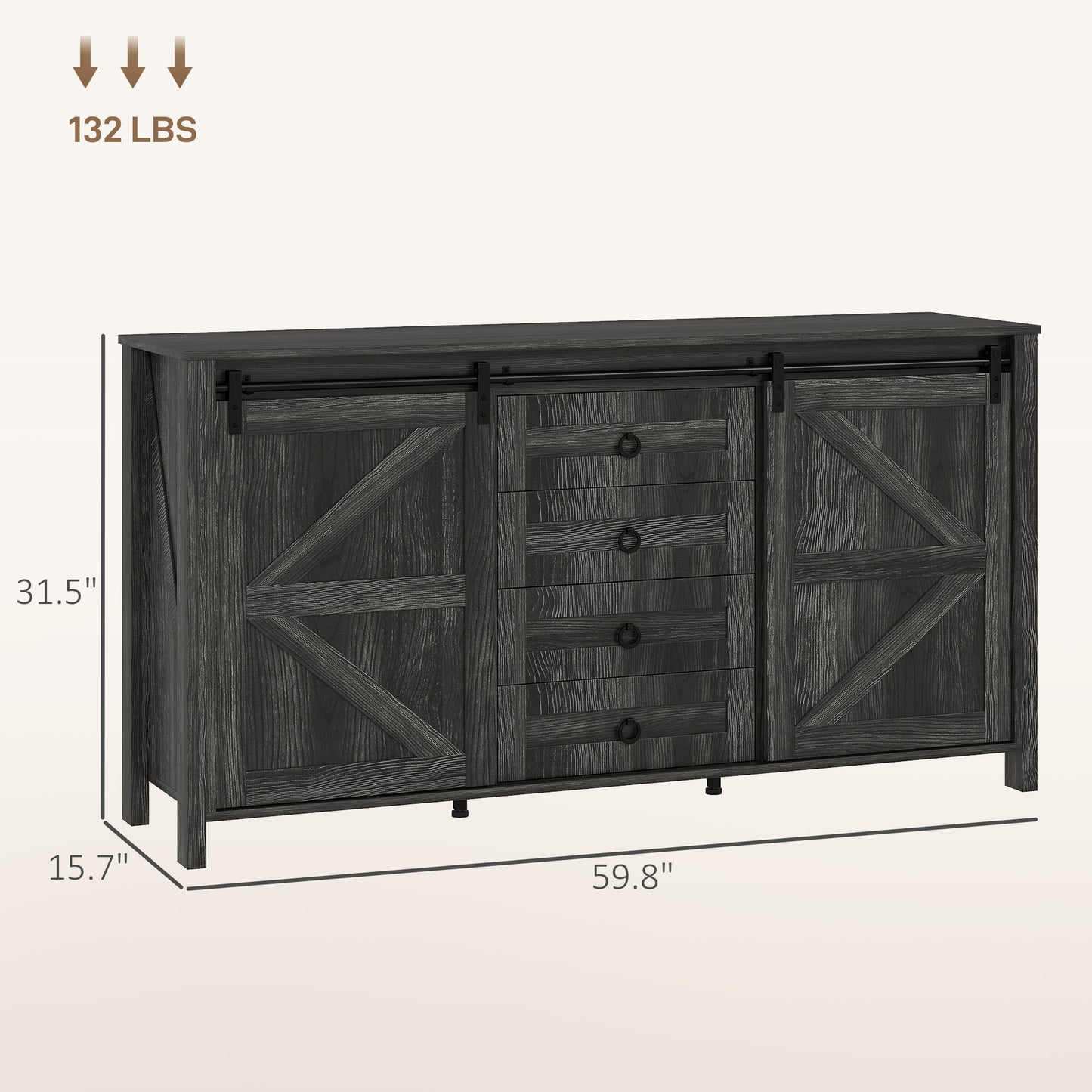 60 Buffet Cabinet, Farmhouse Sideboard With Sliding Barn Doors, Drawers And Adjustable Shelves, Distressed Dark Gray