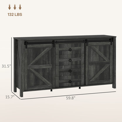 60 Buffet Cabinet, Farmhouse Sideboard With Sliding Barn Doors, Drawers And Adjustable Shelves, Distressed Dark Gray